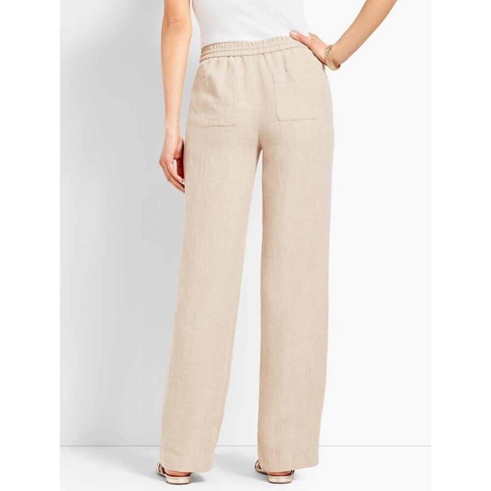 Talbots Pants Womens Size 12 Beige 100% Linen Pull On Wide Leg Full Length